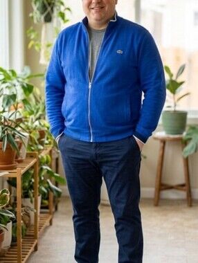 Lacoste Men's XXL Royal Blue Full Zip Sweater Jacket 100% Cotton Crocodile Logo